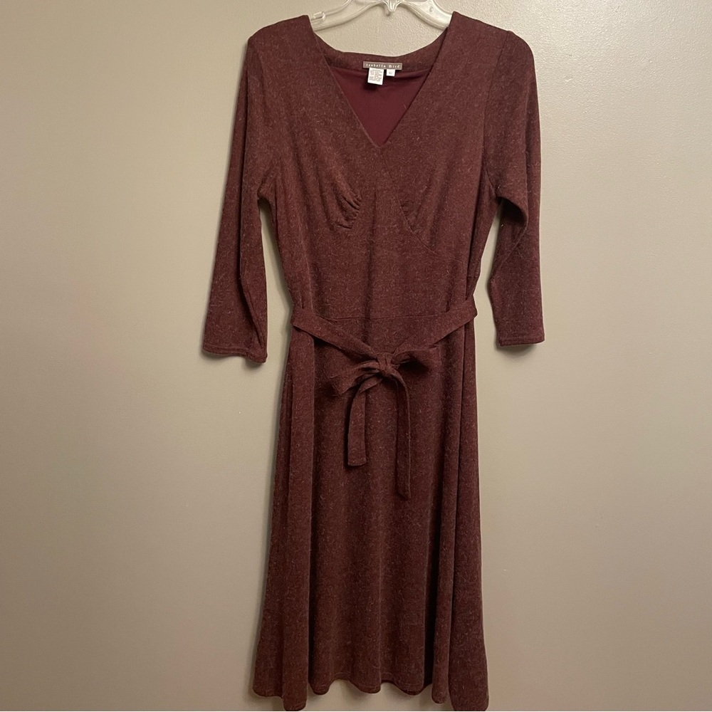 Isabella Bird Sweater Dress Burgundy wool angora hair tie waist size Large
